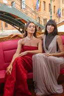 Sheer Mock Neck Cowl Front Maxi Dress