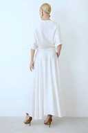 Asymmetric Cape-Shoulder Wrap Midi Dress