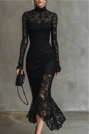 Elegant Party Black Stretch Lace Fishtail Maxi Dress