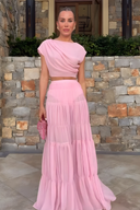 Round Neck Pleated Pink Patchwork Maxi Two-Piece Set