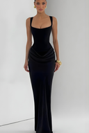 Elegant Draped Hip Square Neck Corset-Fit Maxi Gown