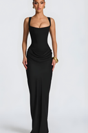 Elegant Draped Hip Square Neck Corset-Fit Maxi Gown