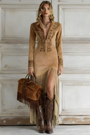 Vintage Western Half-Zip Suede Fringe Dress
