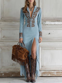 Western Half-Zip Embroidered Faux Suede Fringe Maxi Dress