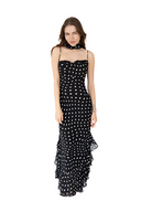 Ruffled Maxi Dress in Black and Cream Polka Dots