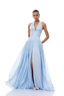 Elegant V-neck Pleated Slit Maxi Dress